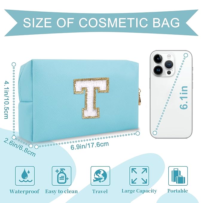 Small Personalized Initial A-Z Preppy Patch Makeup Bag,PU Chenille Letter Travel Cosmetic Pouch with Zipper,Blue Cute Toiletry Bag,Gift Ideal for Teen Girls Women Teacher Bridesmaid,Letter T