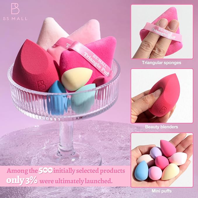 BS-MALL Professional Makeup Sponges Triangle Puff 49 Pcs- Pro V3.0 Cloud Technology Makeup Sponge Material Flawlessflow Mini Sponge Set & Triangle Puff With Waterproof Travel Silicone Bag Gift Set