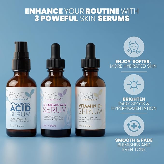 Eva Naturals Radiant Skin Serum Trio – Vitamin C+, Hyaluronic Acid & Azelaic Acid | Anti-Aging & Hydrating Face Serums for Dark Spots, Fine Lines, Acne & Redness