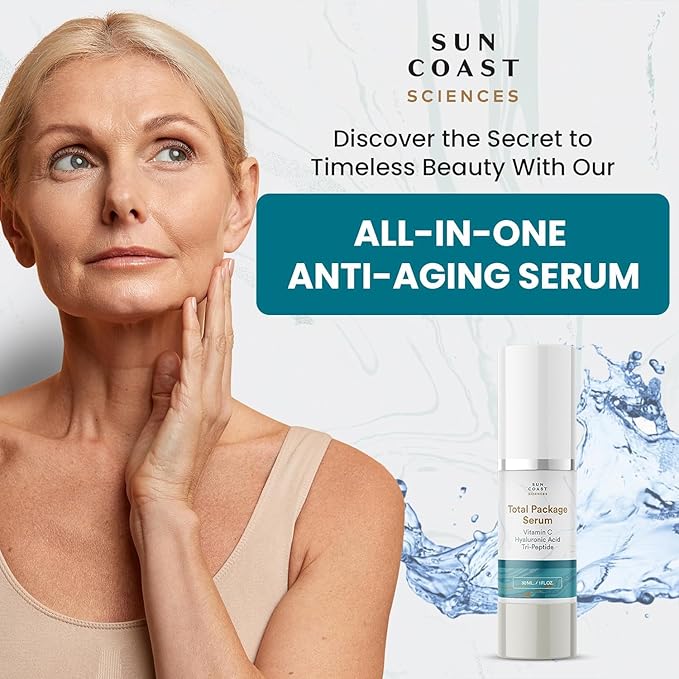 Sun Coast Sciences - Total Package Serum, All-In-One Vitamin C, Hyaluronic Acid, Anti-Aging Facial Super Serum for Wrinkles, Age Spots - 1 fl oz (Pack of 2)
