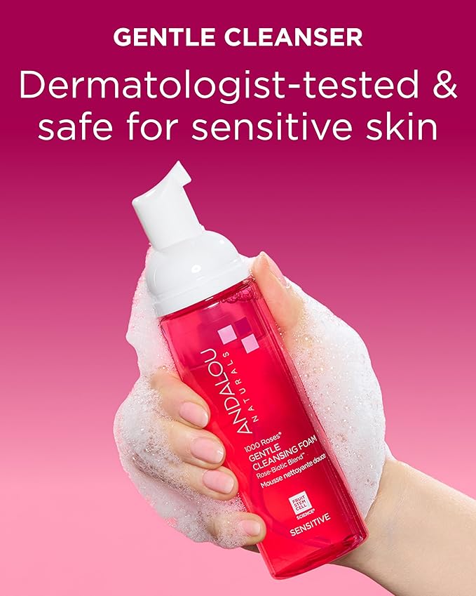 Andalou Naturals 1000 Roses Gentle Cleansing Foam | Foaming Face Wash with Rose Stem Cells & Organic Aloe Leaf Juice | Hydrating Daily Cleanser for Sensitive Skin | 5.5 fl oz