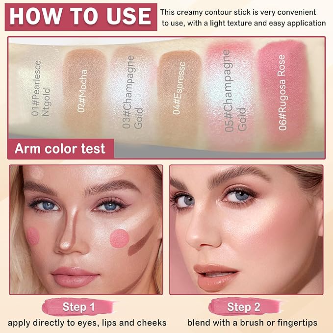 6 Colors Cream Contour Stick Makeup Contour Kit,Double-ended Cream Bronzer Stick,Highlighter Stick,Cream Blush Stick,Lightweight Contour Makeup Kit for Beginners - Set A