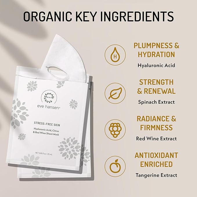 Eve Hansen Hydrating Face Mask Sheets Set of 5 – Moisturizing & Nourishing Care for All Skin Types – With Hyaluronic Acid, Tangerine Peel, Blueberry Extract & Spinach Leaf