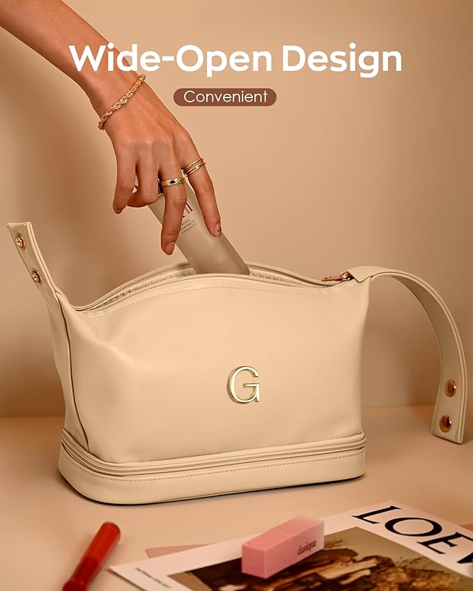 Bridal Gifts, Travel Makeup Bag, Personalized Double Layer Cosmetic Toiletry Bag White Makeup PU Bag Letter Bride Purse Waterproof Portable Zipper Wedding Bridesmaid Gift