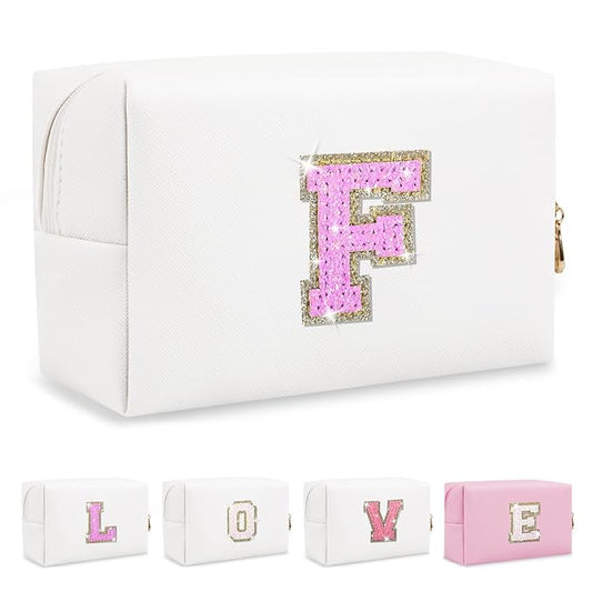 Small Initial Patch Makeup Bag Personalized Gifts Make Up Bag,White Cute PU Leather Glitter Letter Cosmetic Bag with Zipper,Trendy Portable Travel Toiletry Pouch,Preppy Stuff for Teen Girls Women F