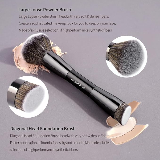 MAANGE 20 PCS Makeup Brush Set with Bag, Double-ended Kabuki Brush Foundation Contour Brush for Liquid Powder Concealer Eye Shadows Cream Cosmetics Blending Blush Face Makeup Tools with Case (Black)