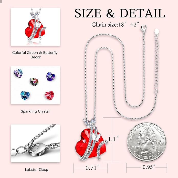 ASELFAD Butterfly Love Heart Pendant Necklace with Crystals, Anniversary Birthday Jewelry for Women Mom Grandma Wife Girlfriend