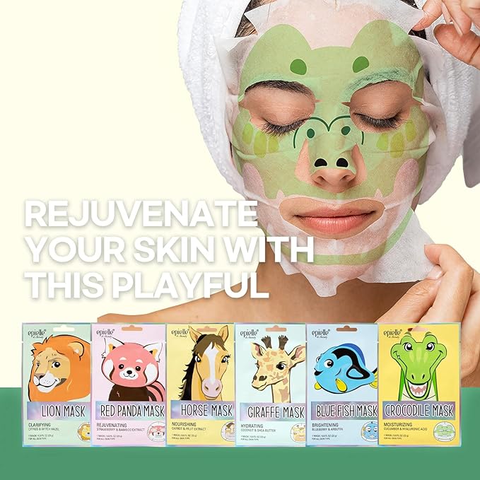 Epielle Animal Character Sheet Masks 12 Pack, Moisturizing & Hydrating Face Mask with Hyaluronic Acid & Fruit Extract, Korean Skin Care, Girls Spa Party Favors, Sleepover, Self Care Gifts for Women