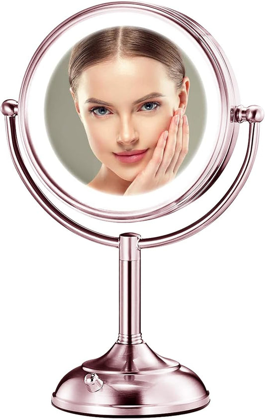 VESAUR Lighted Makeup Mirror Rose Gold Nickel, Double Sided 1X/10X HD Undistorted Magnifying Mirror, 8.5" Vanity Mirror with 3 Colors Dimmable 90 Bright LEDs, 360°Swivel Two Power Supply, Luxury Gifts