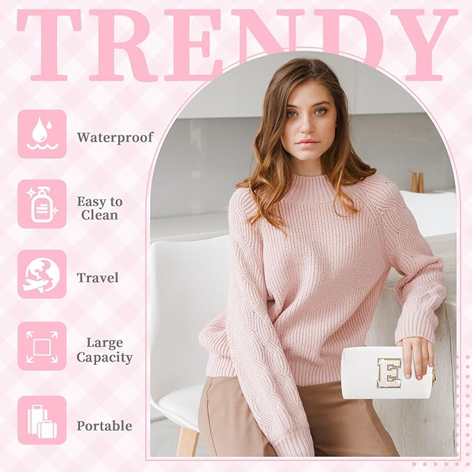 Small Initial Patch Makeup Bag Personalized Gifts Make Up Bag,White Cute PU Leather Glitter Letter Cosmetic Bag with Zipper,Trendy Portable Travel Toiletry Pouch,Preppy Stuff for Teen Girls Women E