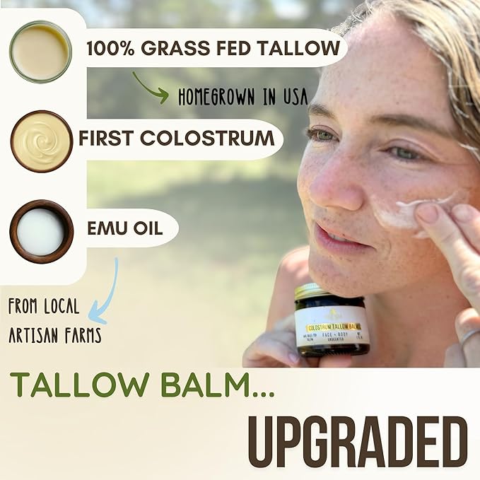 100% Grass Fed Tallow Balm with Colostrum & Emu Oil - Handmade Whipped Beef Tallow for Face and Body, Sensitive Skin Tallow Moisturizer made with True First Colostrum, (Unscented)