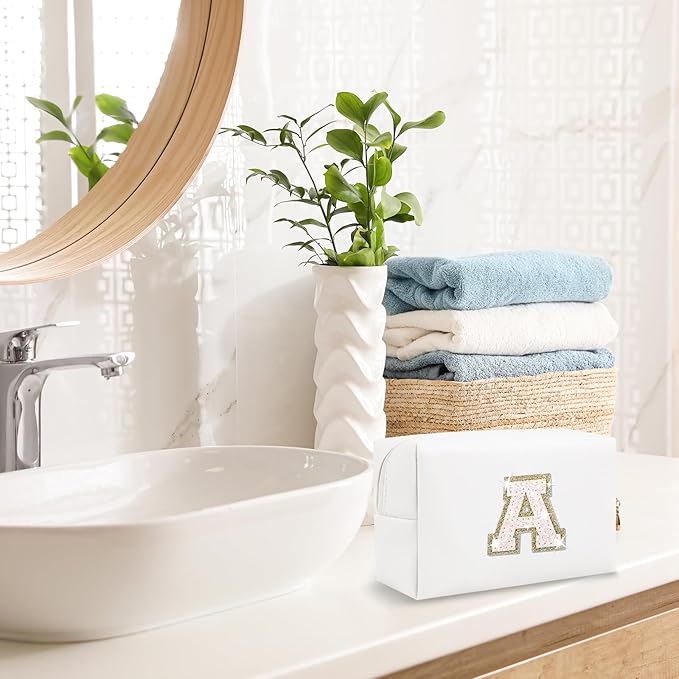 Small Initial Patch Makeup Bag Personalized Gifts Make Up Bag,White Cute PU Leather Glitter Letter Cosmetic Bag with Zipper,Trendy Portable Travel Toiletry Pouch,Preppy Stuff for Teen Girls Women A