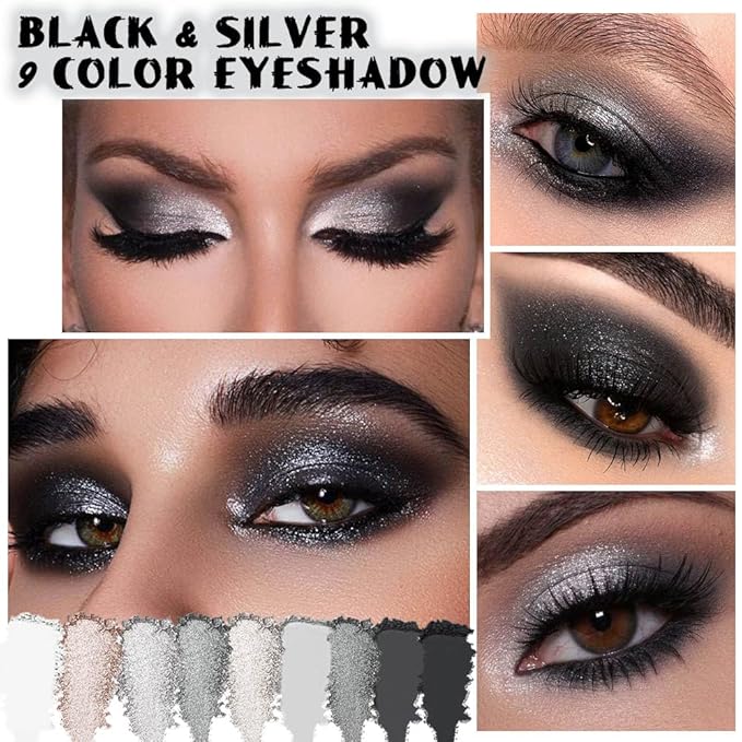 Black Silver Gray Smokey Eyeshadow Palette,Black and White and Sparkly Eye Shadow,Black Smokey Radiance Eyeshadow Palette,Long Lasting Waterproof Womens Eyeshadow Dark