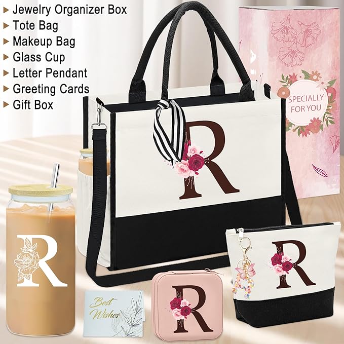 Birthday Gifts for Women,Initial Canvas Tote Bag,Monogrammed Gift for Women,16oz Initial Glass Cup,Makeup Bag with Zipper,Jewelry Organizer Box,Personalized Gifts for Mom-R