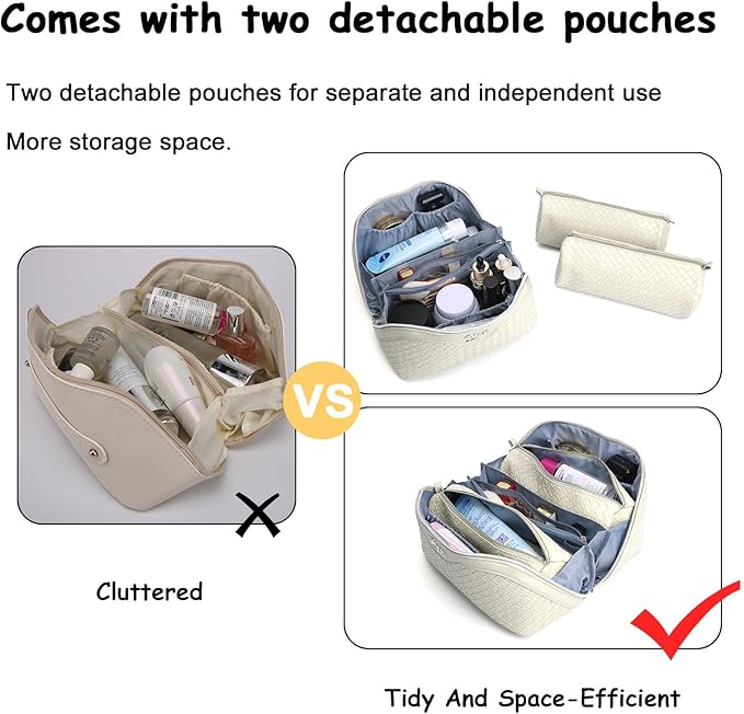 BOYATU Travel Makeup Bags for Women: Large Cosmetic Bag - Vegan Leather Make up Bags Set of 3 - Protable Toiletry Bag Compact Organizer with Compartments (L09 Beige)