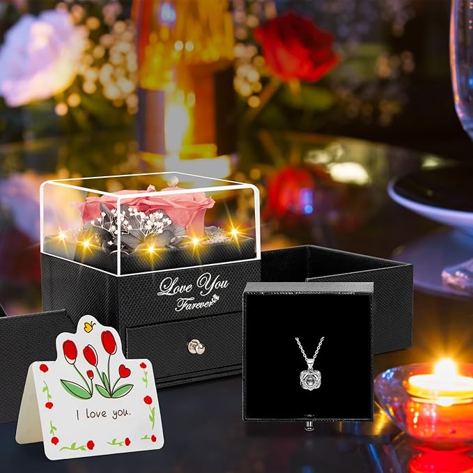 2 Preserved Real Rose with Heart I Love You Necklace- Eternal Rose Birthday Gifts for Women Wife Girlfriend Her Mom on Festivals Gifts Christmas Valentines Mothers Day Anniversary-Peach Pink Roses