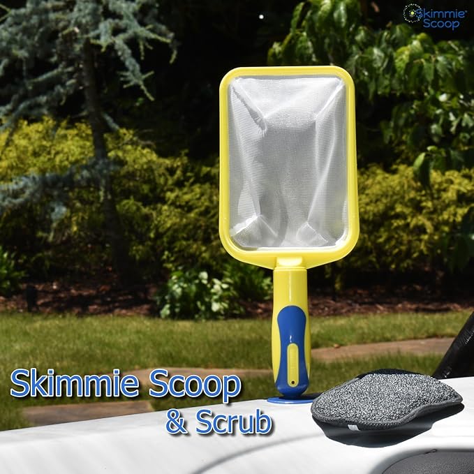 The Skimmie Scoop - Patented Handheld Skimmer with Fine Mesh Net for Spa, Hot Tub, Cold Plunge and Small Pool Cleaning - Lightweight and Durable with Powerful Suction Cup - Clean Out Filter (Yellow)