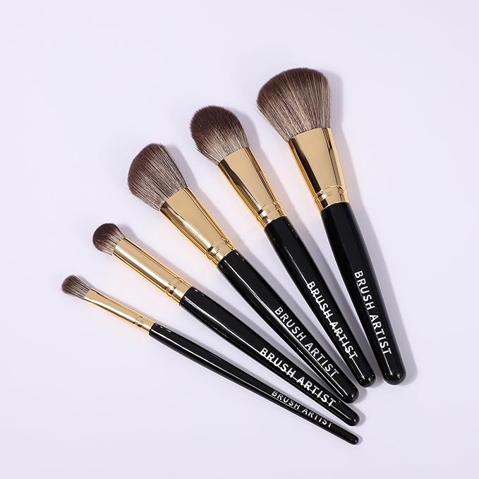 BRUSH ARTIST Black Golden Makeup Brush Set of 12PCs with Cotton Bag, Foundation Sponge, Face Powder Brush, Contour Brush, Blush Brush, Eyeshadow Brushes, Concealer Brush,Premium Synthetic fiber