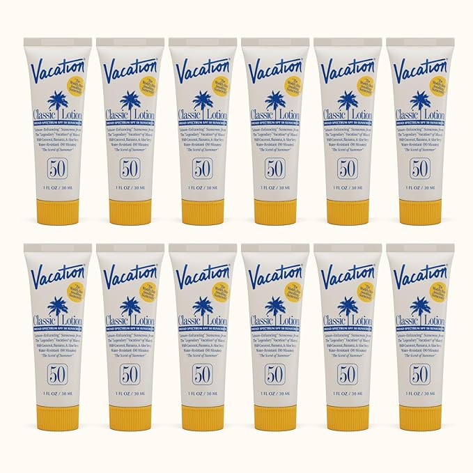 Vacation Mini Classic Lotion SPF 50, Water-Resistant, Mini Sunscreen Bulk Party Favor, Beach Must Haves, Traveling Essentials, Suntan Lotion Travel Size, 1 Fl. Oz. (Value Pack of 12)