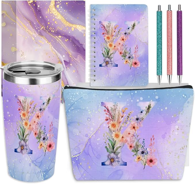 Personalized Gifts Monogrammed Birthday Gifts for Women, Soul Sister Bachelorette Party Wedding Christmas Initial 20 oz Tumbler, Makeup Bag Cup Pens Journal Notebook 6 Set, (Aesthetic Purple Flower K)