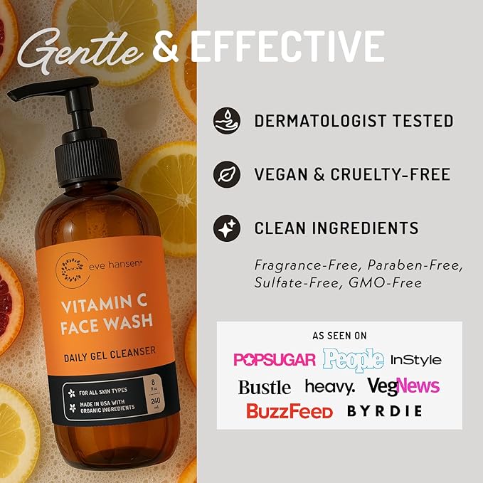 Vitamin C Cleanser Face Wash - HUGE 8 oz Gentle Facial Cleansing Gel for Uneven Skin Tone, Age Spots and Fine Lines - Natural Face Soap with Aloe Vera, Green Tea, Ginseng
