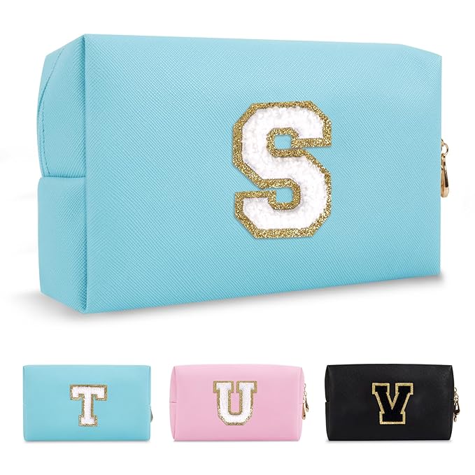 Small Personalized Initial A-Z Preppy Patch Makeup Bag,PU Chenille Letter Travel Cosmetic Pouch with Zipper,Blue Cute Toiletry Bag,Gift Ideal for Teen Girls Women Teacher Bridesmaid,Letter S