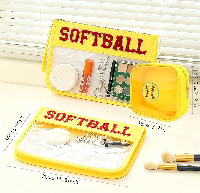 2Pcs softball Makeup Bag Set, PVC Large Capacity Portable Transparent Cosmetic Bag, Travel Wash Bag, Stationery Storage Bag (softball)