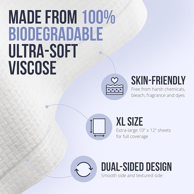 Zev Fresh’n Flawless Face Towels, Disposable Face Towelette for Clean Clear Skin - Makeup Remover Dry Wipes, Facial Wash Cloths, 100% Biobased Towel, Biodegradable, XL Ultra Soft & Sustainable, 50 Ct