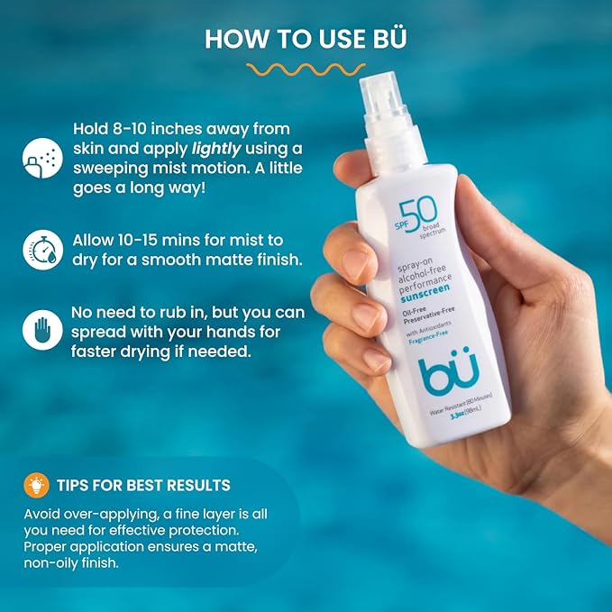 BU SPF 50 Sunscreen Spray for Face and Body, Fragrance Free, Clear, Non Greasy, Water Resistant, for Sensitive Skin, 3.3 oz
