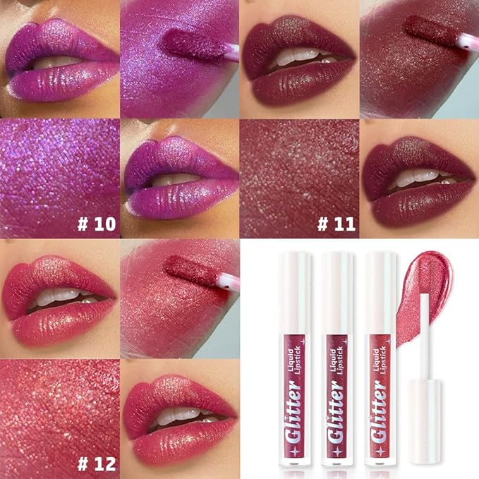 3Pcs Metallic Lipstick for Women,Lightweight Glitter Sparkling Liquid Lipsticks,Shimmer Lip Gloss Stain Long Lasting Waterproof Smudge Proof Non-Drying 24 Hour Full Coverage Lip Makeup,Vegan