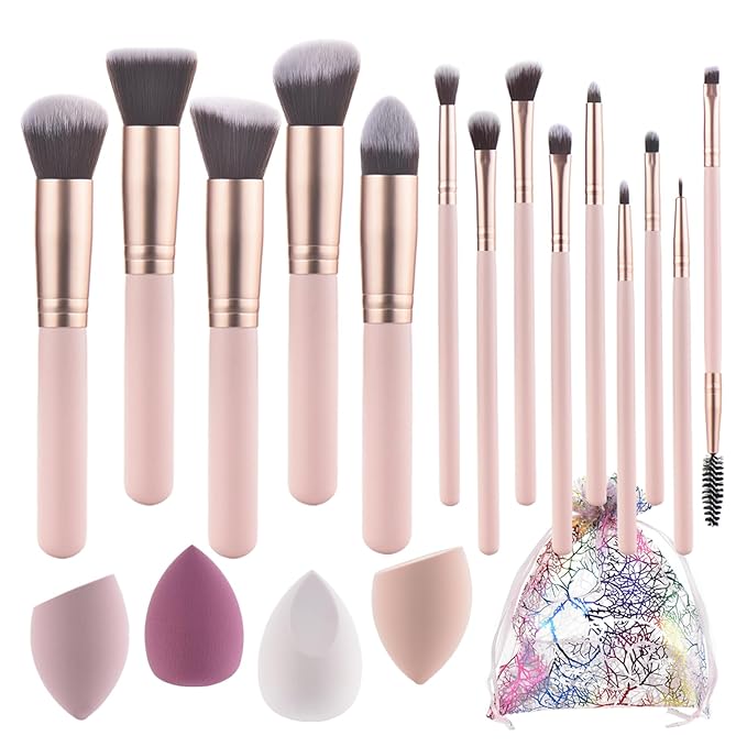 Pink Makeup Brushes and Makeup sponge- Wooden Handle with Soft Synthetic Bristles,for Face & Eye Makeup|Professional Makeup Brushes set for Women & Girls|19-piece set