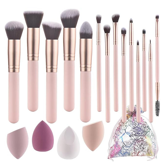 Pink Makeup Brushes and Makeup sponge- Wooden Handle with Soft Synthetic Bristles,for Face & Eye Makeup|Professional Makeup Brushes set for Women & Girls|19-piece set