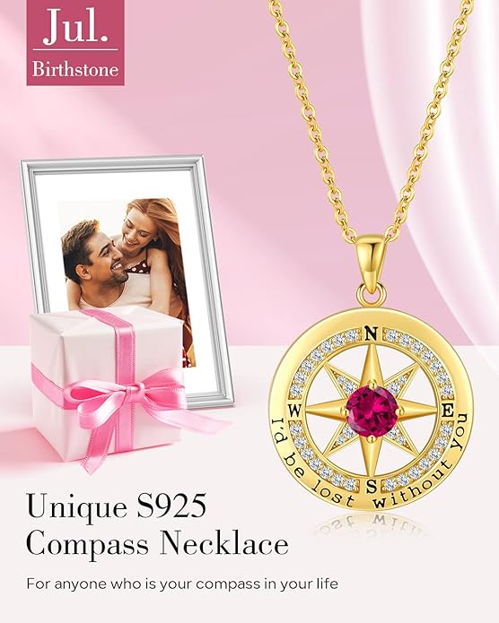 S925 Necklace Gift for Wife |Compass Jewelry |Women Anniversary |Sterling Silver |Girlfriend Birthday Gifts for Her Valentines |I'd be Lost without You |Jewel 18K Gold