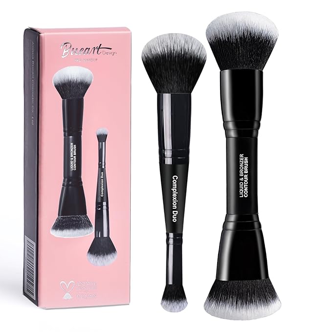 Bueart Design Complexion Duo Brush and Liquid & Bronzer Contour Makeup brushes set with ultra-soft dense hair Double-ended for Foundation Liquid Cream Concealer,Vegan and Cruelty-Free,M18