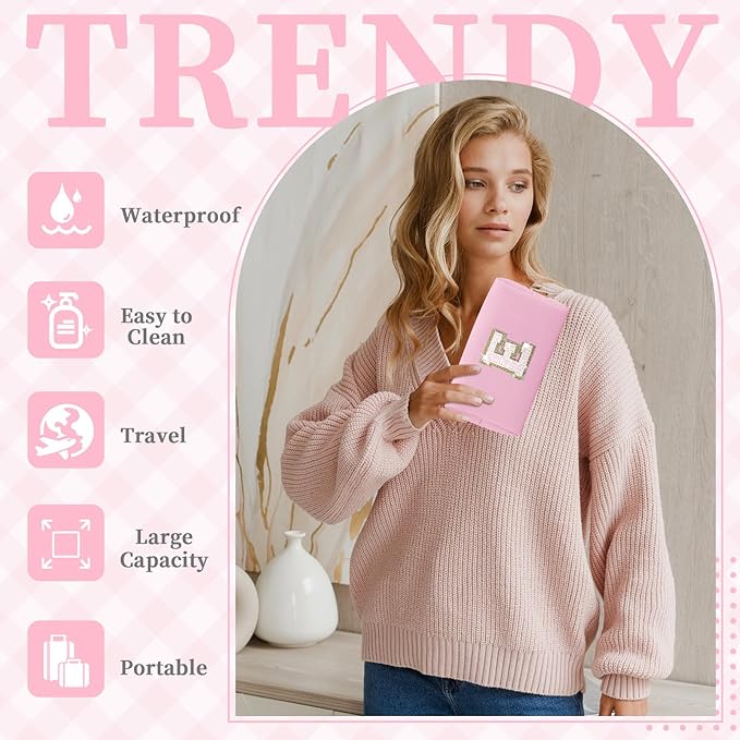 Small Personalized Initial A-Z Patch Makeup Bag,Pink Cute PU Leather Glitter Letter Cosmetic Bag for Teen Girls,Travel Toiletry Bag with Zipper,Preppy Monogrammed Birthday Gift for Daughter Niece E