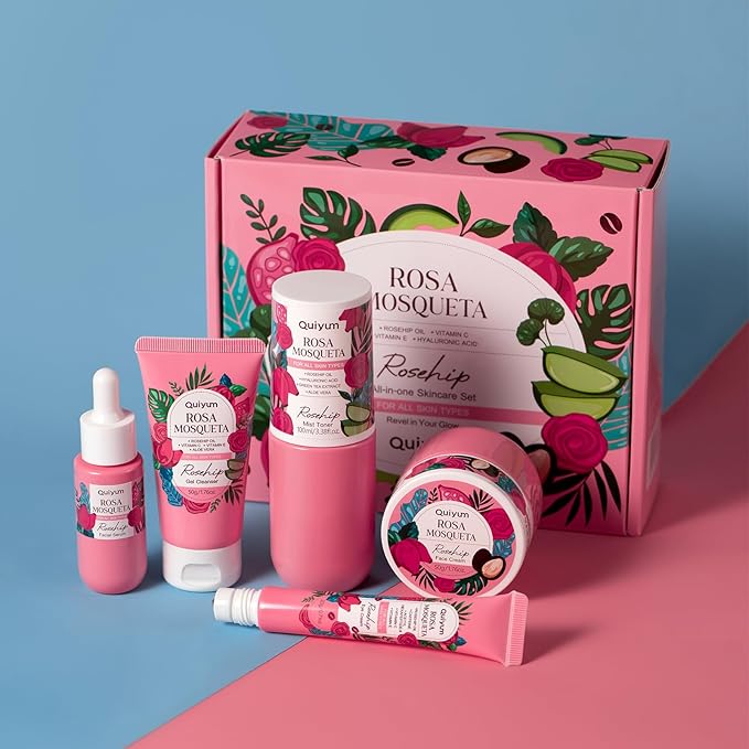 Skin Care Set, Rosehip Vitamin E Skincare Kits 5PCS- Beauty Skin Care for Women, Facial Skin Care Routine Set Kit, Restore Skin Elasticity, Refine Skin Texture, Even Skin Tone, for All Skin Types