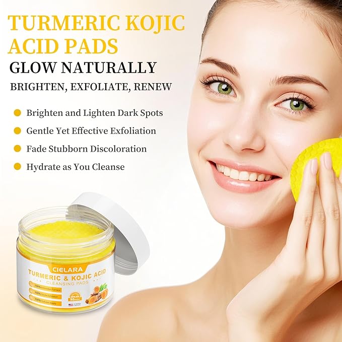 Turmeric Kojic Acid Cleansing Pads for Dark Spots, Lemon Turmeric Pads with Vitamin C & E, Deep Clean Pores, Hydrate & Plump Skin Exfoliating with Kojic Acid 50 Count