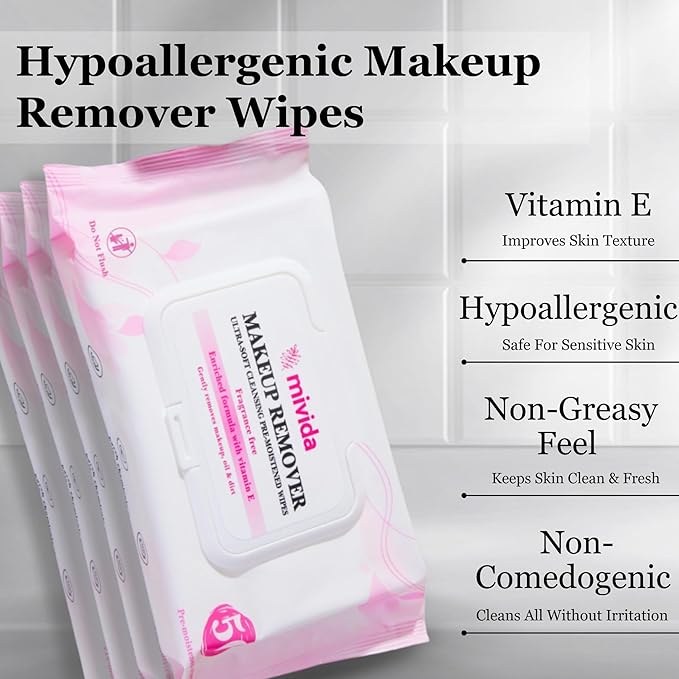 mivida Hypoallergenic Makeup Remover Wipes with Vitamin E | 4x50 count Total 200 bulk make up removing Wipes | Fragrance Free makeup wipes