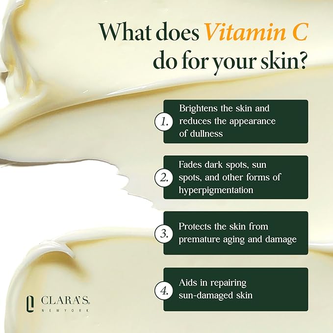 CLARA'S NEW YORK | Brightening Vitamin C Moisturizer Face Cream | with Hyaluronic Acid | Acne Scars Dark Spots Reduce Fine Lines, Healthy Glowing Skin | Non-sticky, Fast-absorbing | 50ml MADE IN USA