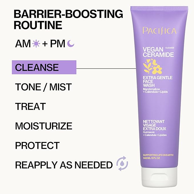 Pacifica Face Wash for Sensitive Skin Facial Cleanser Vegan Ceramide Barrier Repair Extra Gentle for Daily Fragrance Free for Sensitive Skin, Clean Beauty, Vegan & Cruelty-Free Dermatologist Tested