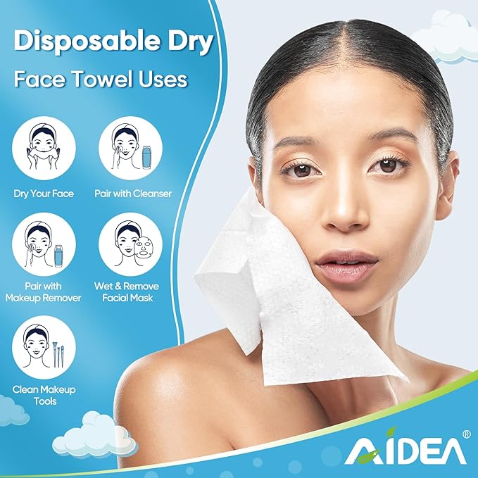 AIDEA Face Towels Disposable-200Ct (4 Box), Clean Facial Towels, Facial Cleansing Wipes for Sensitive Skin, Face Towelettes for Makeup Removing, Nursing, Travel, Dry Wipes