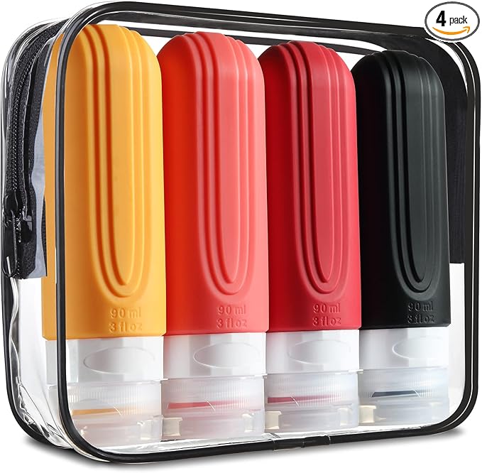 Travel Bottles for Toiletries, Tsa Approved 3oz Travel Size Containers BPA Free Leak Proof Refillable Liquid Silicone Squeezable Travel Accessories for Shampoo Conditioner Lotion (4 Pack)