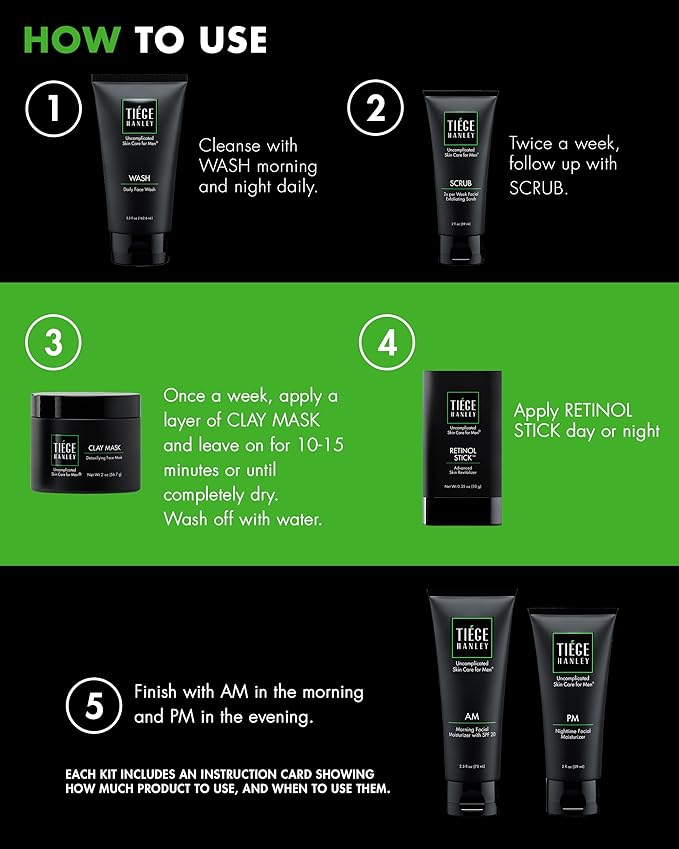 Tiege Hanley 90-Day Large Anti-Aging Skin Care Routine for Men - Includes Face Wash, Scrub, Moisturizers, Clay Mask, & Retinol Stick