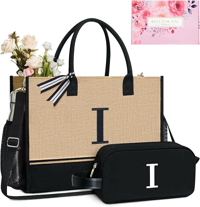 TOPDesign Personalized Initial Canvas Tote Bag, for Wedding, Birthday, Beach, Perfect Gifts for Women, Mom, Teachers, Friends
