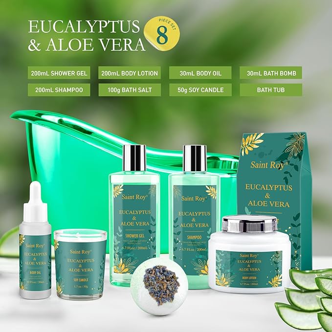Father's Day Gifts for Men for Dad bath and body Gifts for Her & him Gift Baskets for Women - Saint Roy Eucalyptus & Aloe Vera Scented Birthday Gifts for Women,8 pcs Spa Gift Set, Mother's Father Day