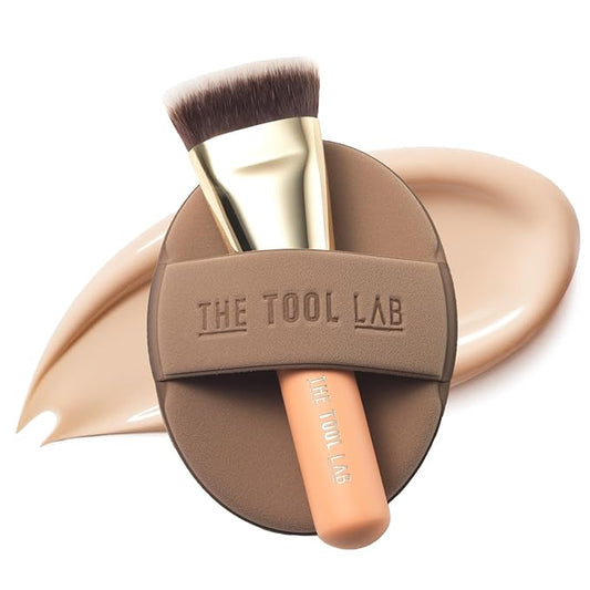 THE TOOL LAB All Day Fitting Duo (Glow type) - Premium Base Makeup Set for Liquid Cream Powder Foundation, Buffing Blending Face Brush, Sponge, Portable Case - 1.1" Flat Top Brush