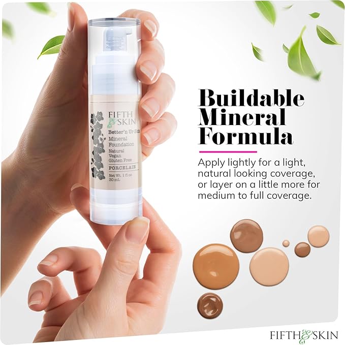 Fifth & Skin: Better’n Ur Skin Liquid Foundation (PORCELAIN) - Natural, Organic, Vegan, Cruelty-Free - Gluten-Free Beauty with Buildable Coverage and Palm-Free Luxury - 1 oz