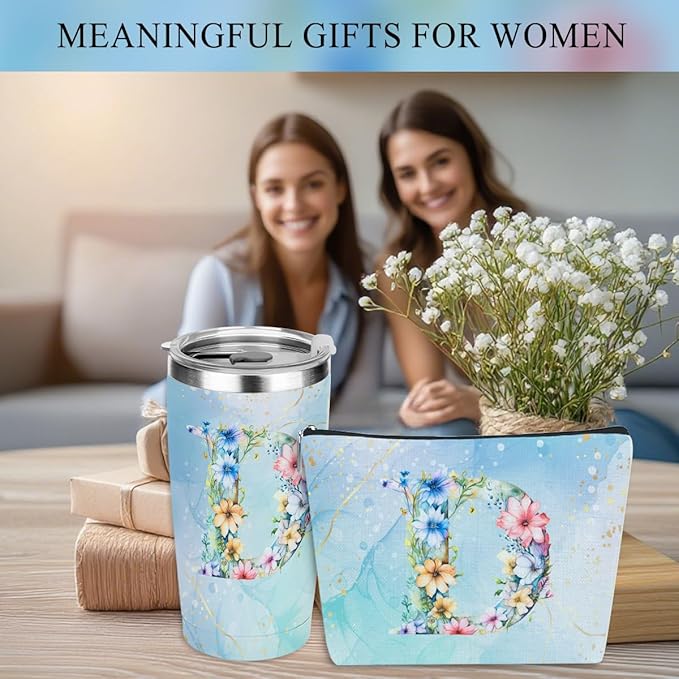 Personalized Gifts Monogrammed Birthday Gifts for Women, Boss Teacher Appreciation Christmas Initial 20 oz Tumbler, Makeup Bag Cup Ballpoint Pens Journal Notebook 6 Set, (Aesthetic Blue Flower D)