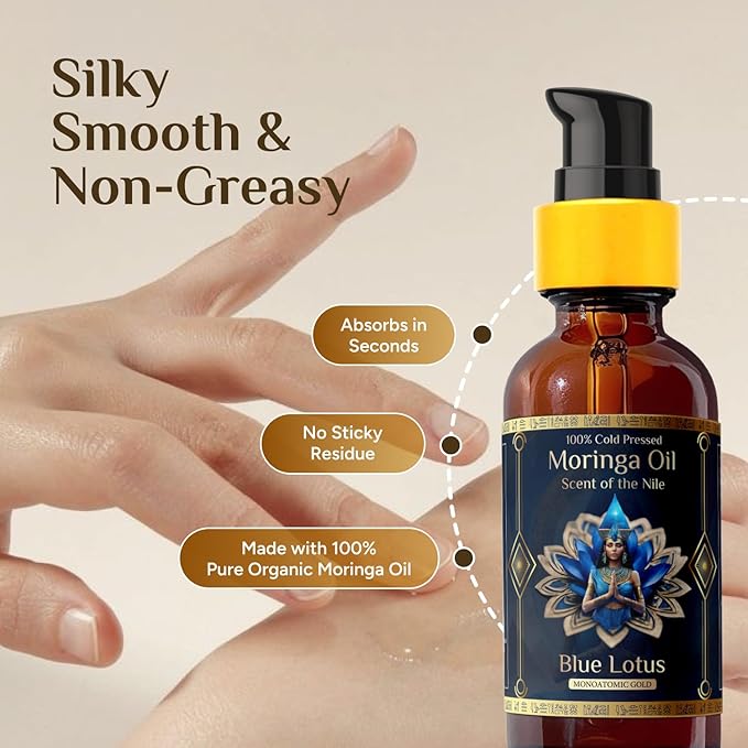 Pure Organic Moringa Oil with Blue Lotus Flower | Deep Hydrating & Anti-Aging Ritual Oil for Skin, Hair & Nails | Premium 100% Cold Pressed Moringa Seed Extraction, Nourishes & Hydrates Skin 1oz.