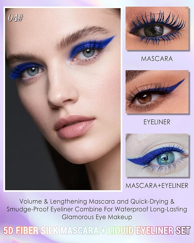 Blue Mascara Liquid Eyeliner Set, Update Longlasting Waterproof Color Eye Liner Pen, 5D Silk Fiber Colored Mascara Volume and Length, Christmas Party Stage Use Eye Makeup Gift Kit for Women Girl-04
